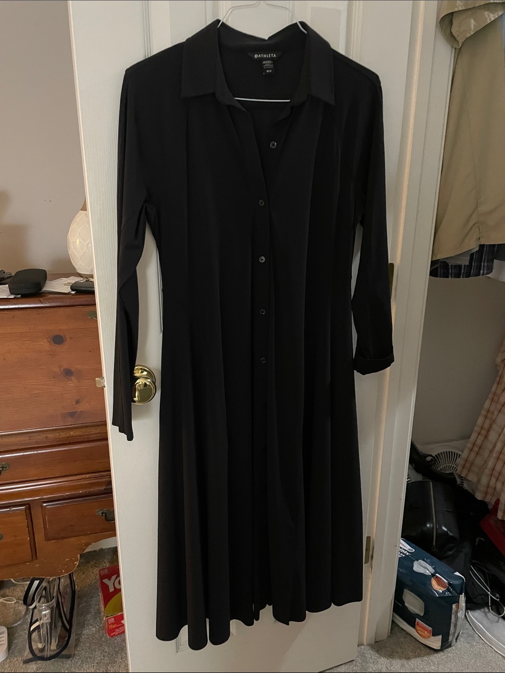 Athleta Black Long-Sleeve Button-Front Midi Shirt Dress